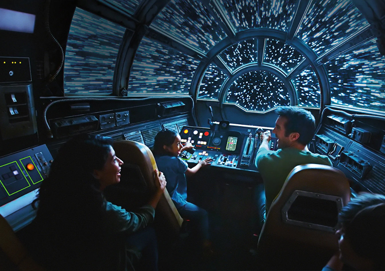 Guests riding the Millennium Falcon at Star Wars Galaxy's Edge