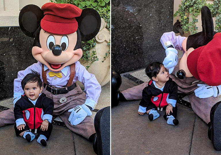 Kid meeting Mickey for the first time