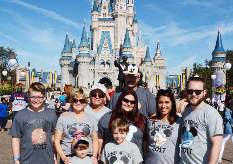 Family vacation in front of Disney castle