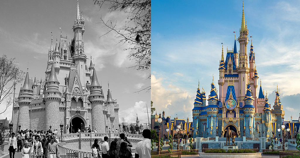 before and after of Cinderellas castle at Walt Disney World