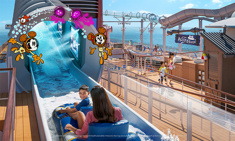 mom and son on Disney Wish Waterslide