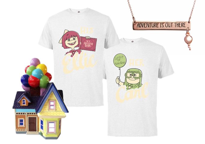 Ellie and Carl t-shirts, up cookie jar and Up ''Adventure Is Out There'' Necklace