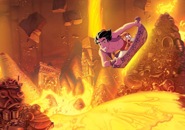 Aladdin flying over Lava and treasures