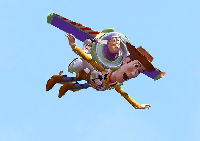 Woody and Buzz flying