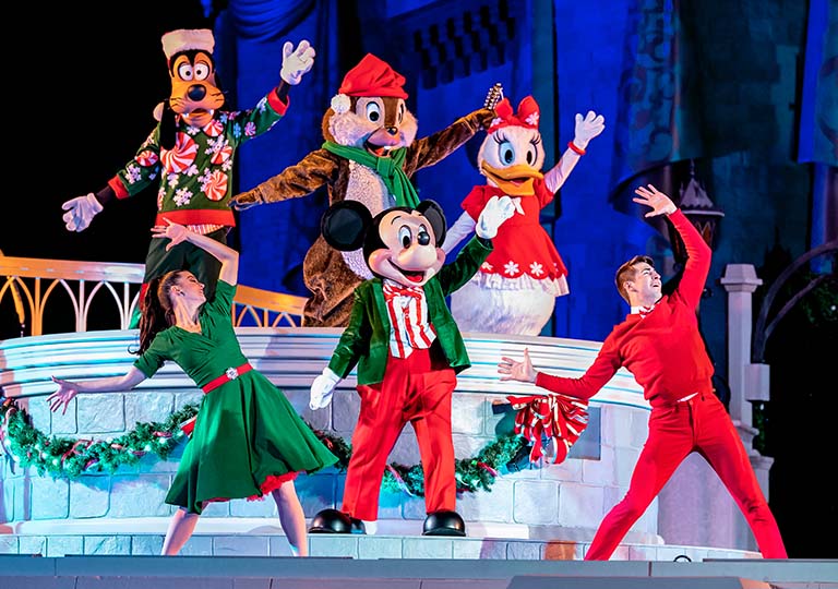 Disney characters at Head to Mickey’s Most Merriest Celebration