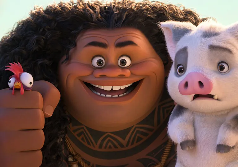Maui with Pua the pig and Heihei the chicken