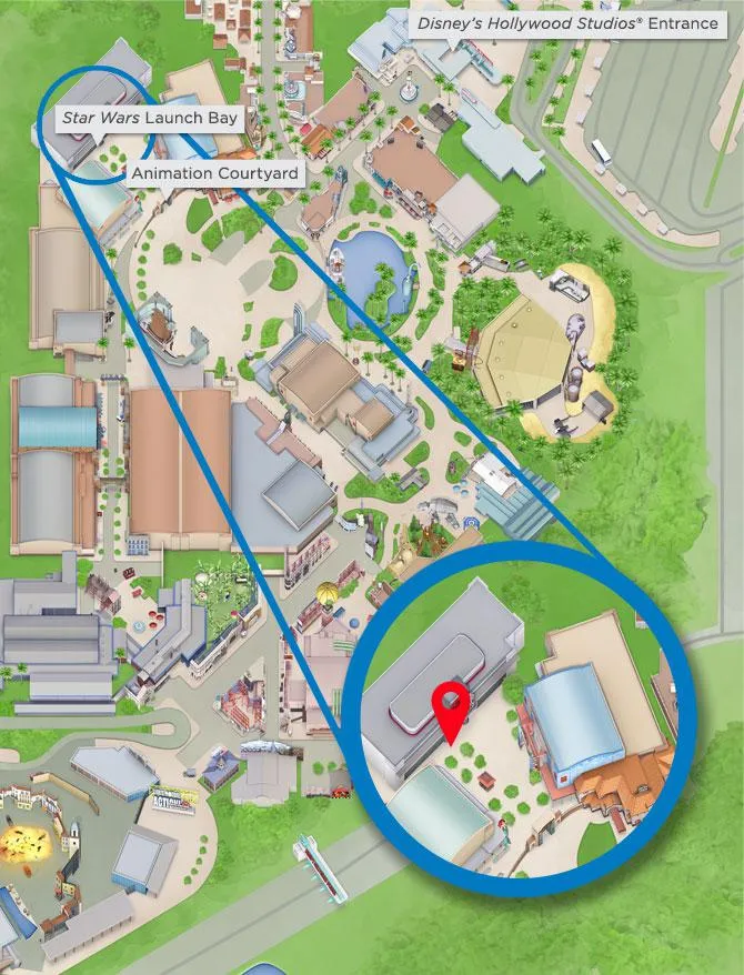 Disney Hollywood Studios Map with directions to Star Wars Launch Bay and Animation Courtyard