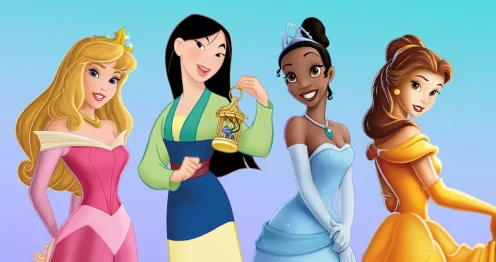 Disney princesses Sleeping Beauty, Mulan, Tiana, and Belle