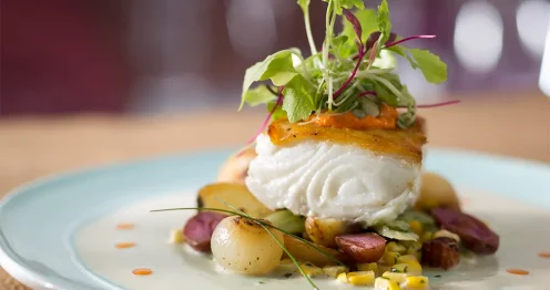 Halibut on vegetables dish, a cardmember dining perk at Walt Disney World Resort