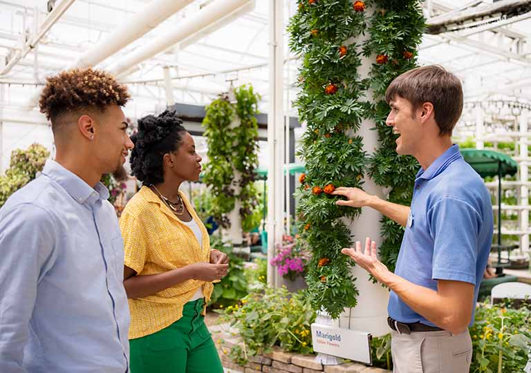 Backstage tour of the greenhouses. Guests touring.
