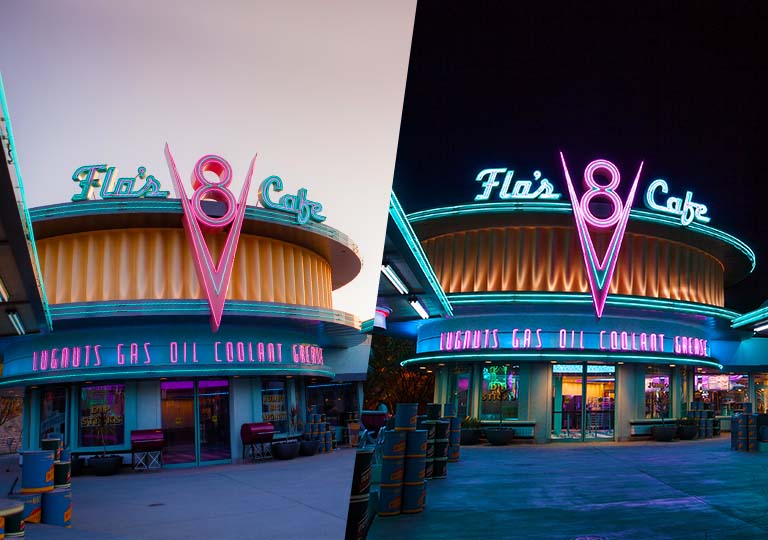 Day and night image of Flo's V8 Cafe 