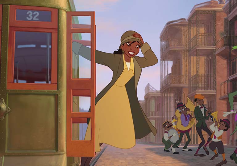 Tiana on the side of a trolley
