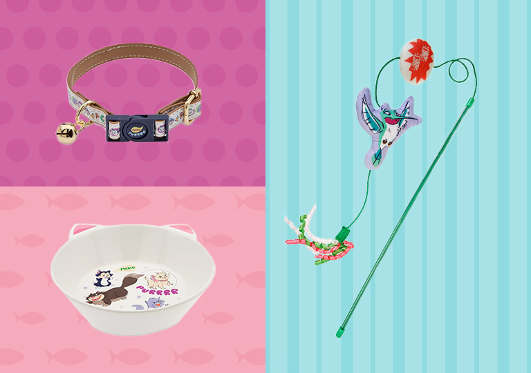 Cat products: collar, toy and bowl