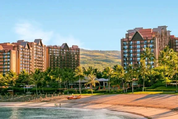 Aulani, A Disney Resort & Spa viewed from the beach in Ko Olina, Hawaii.