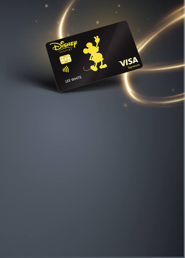 Disney Inspire Visa credit card mobile banner with golden Mickey silhouette on dark, glowing background.
