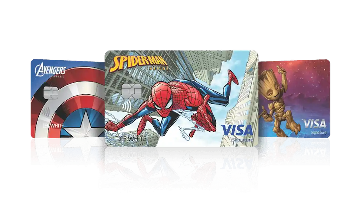 Three Disney Inspire Visa credit cards featuring Marvel designs: Captain America shield, Spider-Man, and Groot.