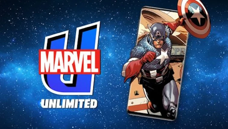 Captain America on a mobile screen with the Marvel Unlimited logo.