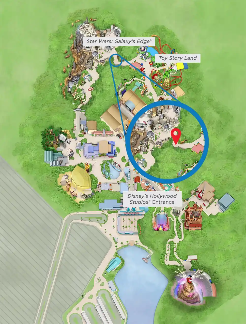 Map of Disney&rsquo;s Hollywood Studios pinpointing Star Wars: Galaxy&rsquo;s Edge Star Wars photo opportunity location for Disney Visa Cardmembers.