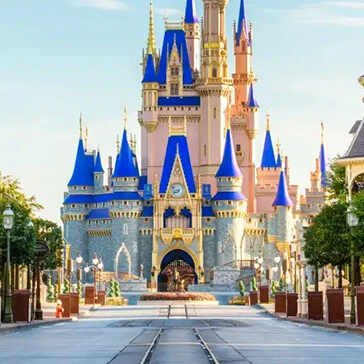 View of Main Street, U.S.A. with Cinderella Castle at Magic Kingdom.