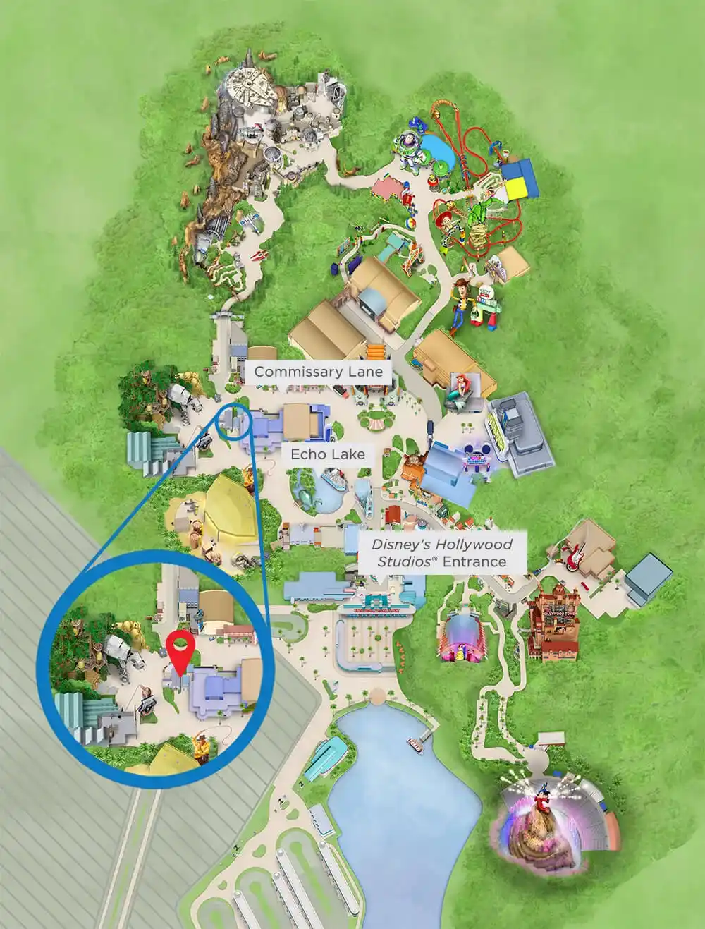 Map of Disney&rsquo;s Hollywood Studios pinpointing the Olaf Character Experience.